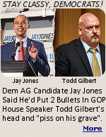 Jay Jones, a former Virginia state delegate, proving he didn't have the brains he was born with, told Republican House Delegate Carrie Coyner that he would give former Republican Virginia House Speaker Todd Gilbert ''two bullets to the head'' and urinate on his grave. Jones is running against Republican Virginia Attorney General Jason Miyares in the November general election and reportedly made the comments about Gilbert after leaving the state house months earlier.